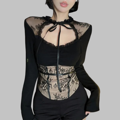 Corsetto gotico vittoriano nero con maniche lunghe