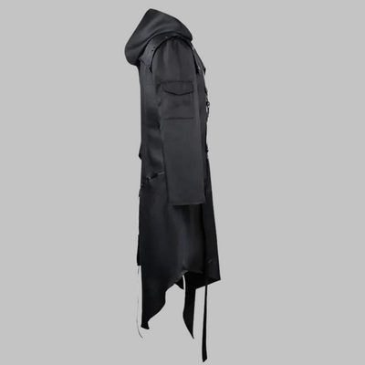 Cappotto lungo gotico steampunk nero asimmetrico con cintura