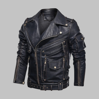 Giacca biker nera in pelle sintetica stile rock da uomo
