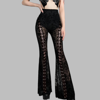 Pantaloni gotici a zampa in pizzo nero stile dark mall