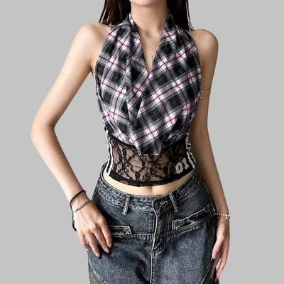 Top senza maniche a quadri stile punk con schiena scoperta in pizzo