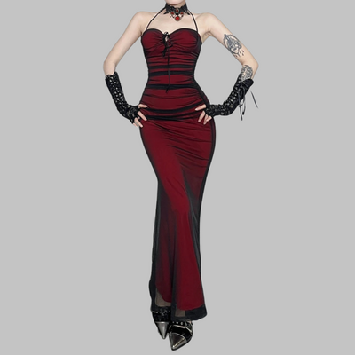 Abito Lungo Gotico Bordeaux a Sirena con Spacco e Pizzo