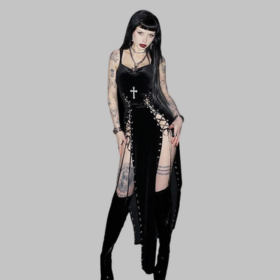 Abito Nero con Spacco Stile Grunge Punk con Croce e Rete