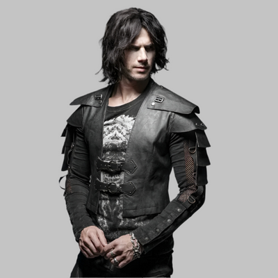 Giacca steampunk nera con cinghie in pelle per uomo