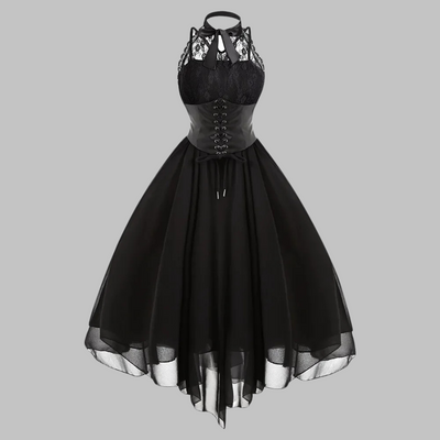 Abito Vittoriano Nero Senza Maniche con Pizzo e Tulle