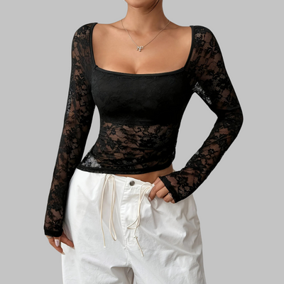 Top nero aderente in pizzo trasparente a maniche lunghe