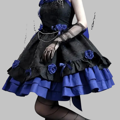 Abito Gotico Vintage Nero e Blu con Fiori e Corsetto