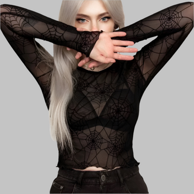Top nero trasparente a maniche lunghe stile grunge