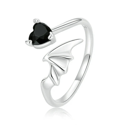 Anello Ala e Cuore Nero Argento 925 Sterling