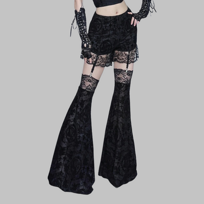 Pantaloni flare gotici neri in pizzo gonna corta
